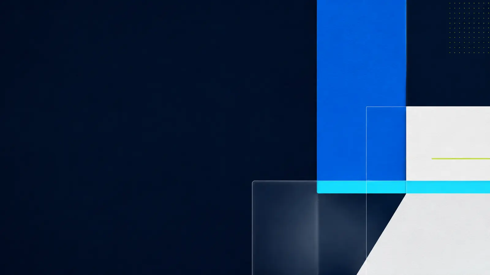 Modern navy broadcast composition with precise blue, cyan, off-white, and lime geometric panels.